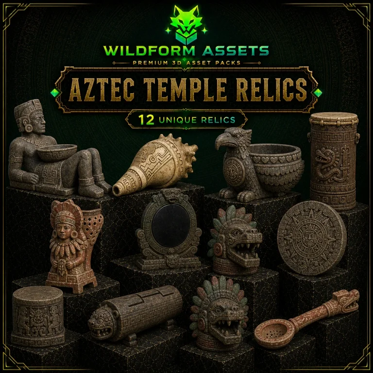 Aztec Temple Relics collection: feathered serpent idol, obsidian blade, sun disc and carved stone offerings