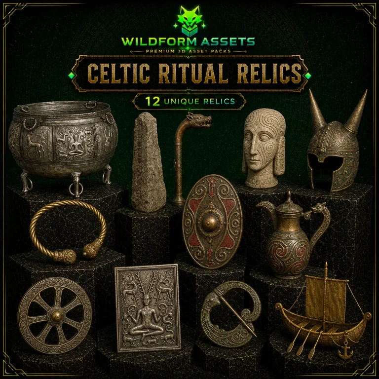 Celtic Ritual Relics collection: torc, cauldron, knotwork cross, antler idol and carved standing stones