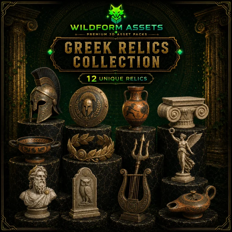 Greek Temple Relics collection: amphora, laurel wreath, marble bust, votive tripod and carved column fragments
