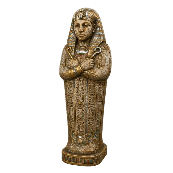 Ushabti figurine with crossed arms and a striped headdress