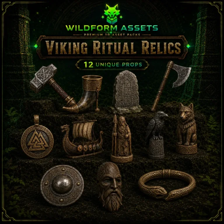 Viking Ritual Relics collection: ritual axe, Mjolnir, runestone, drinking horn and carved totems